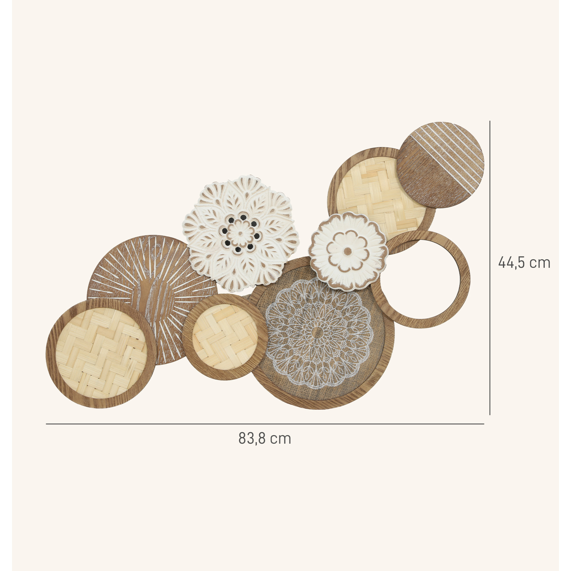 Décoration murale bois naturel géométrique 7 disques 2 fleurs - 83 x 44 cm