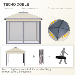 Carpa Plegable 3,3x3,3 m Altura Ajustable Cenador de Jardín con Doble Techo 4 Mosquiteras Extraíbles y Bolsa de Transporte para Camping Fiestas Beige