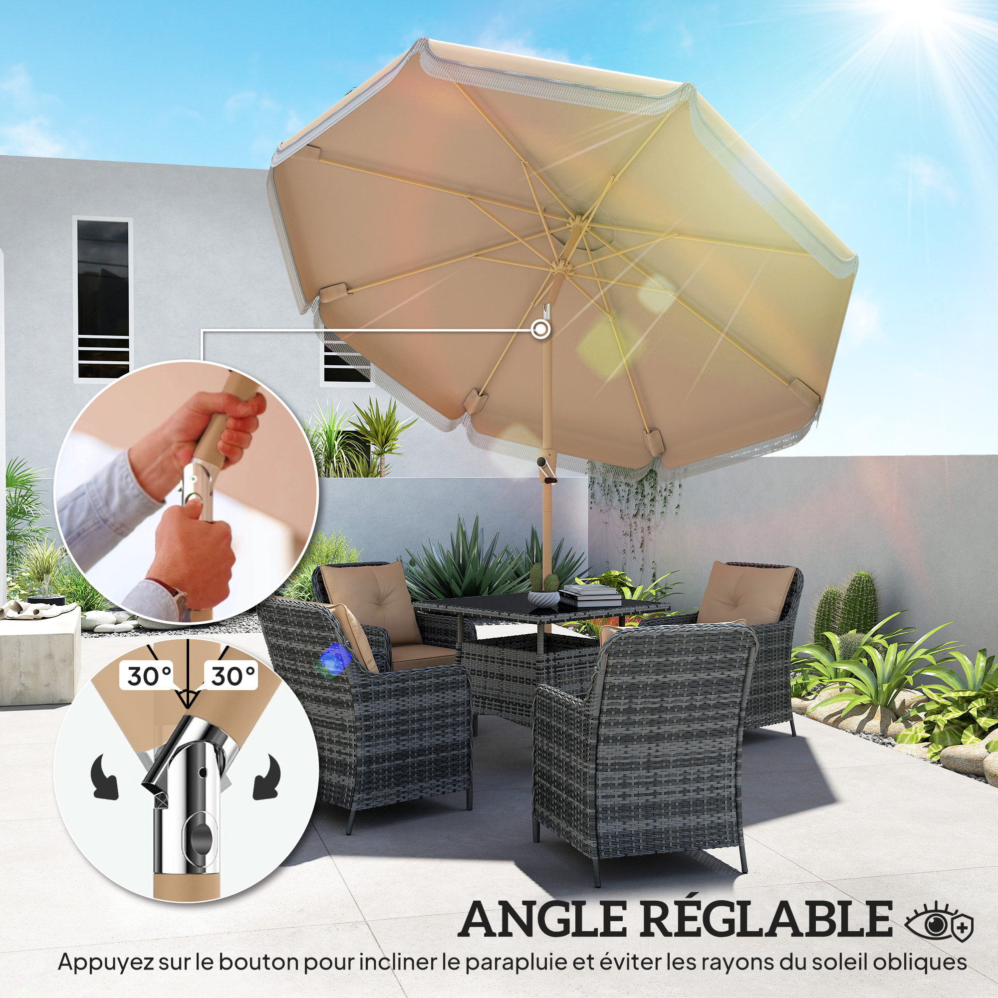 Parasol inclinable dia. 2,66m lambrequin ondulé à franges kaki beige