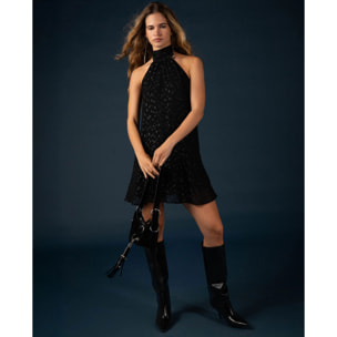 Vestido corto plumeti con lúrex y escote halter de mujer