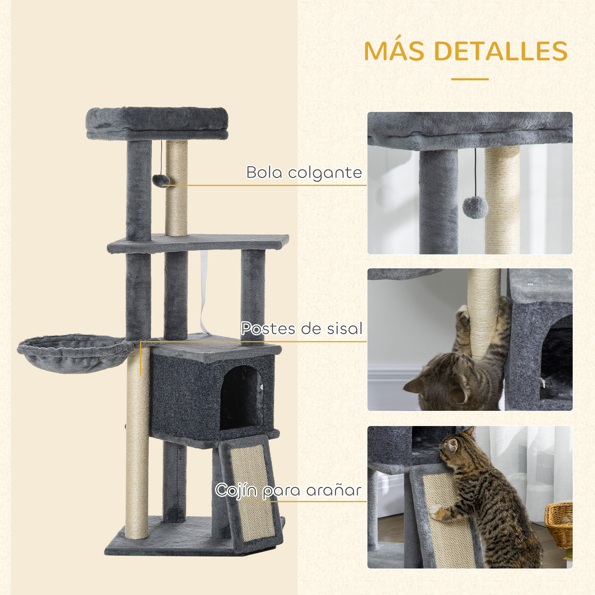 Árbol Rascador para Gatos, Árbol para Gatos 127 cm, Torre Escalador con Cueva, Hamaca, Cama, Plataformas, Rampa de Sisal, Bola Colgante, Gris