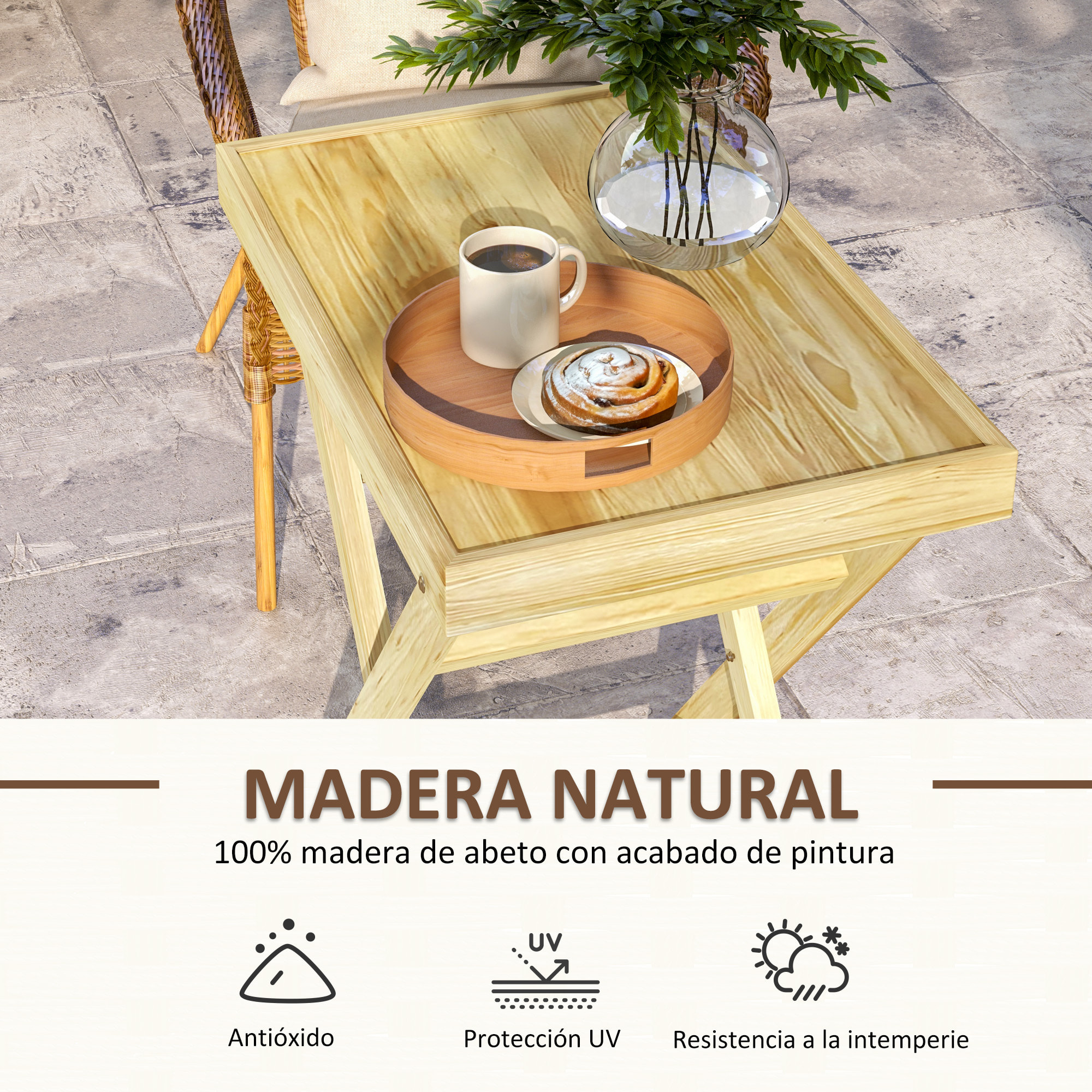 Mesa de Jardín Rectangular Mesa de Exterior de Terraza de Madera Carga 40 kg para Balcón Patio 68x44x75 cm Natural