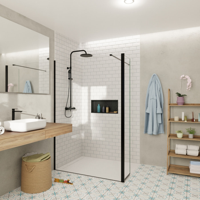 Walk-in 140x200cm Paroi et retour pivotant en verre Crystal Glass® 8 mm anticalcaire , avec bras et profilés noir mat