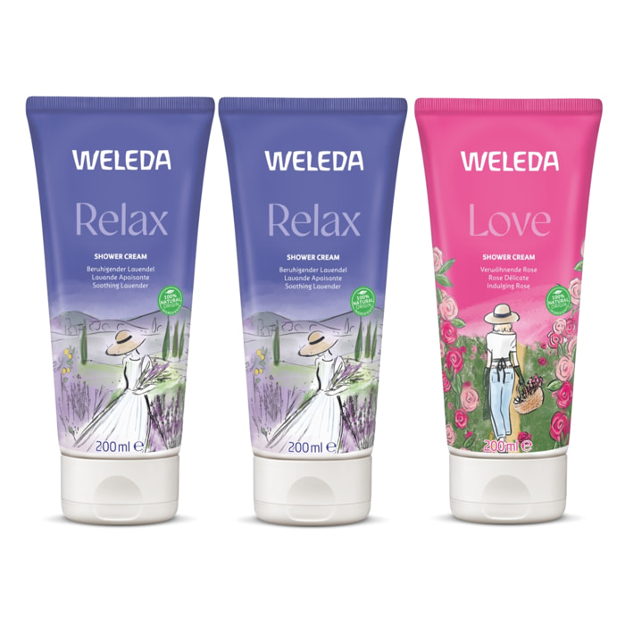 WELEDA - Trio Crème de douche - Relax Lavande Apaisante X2 + Love Rose Délicate X1 – Nettoie et apaise - Vegan* - Certifié Natrue ** - Tube 3*200ml