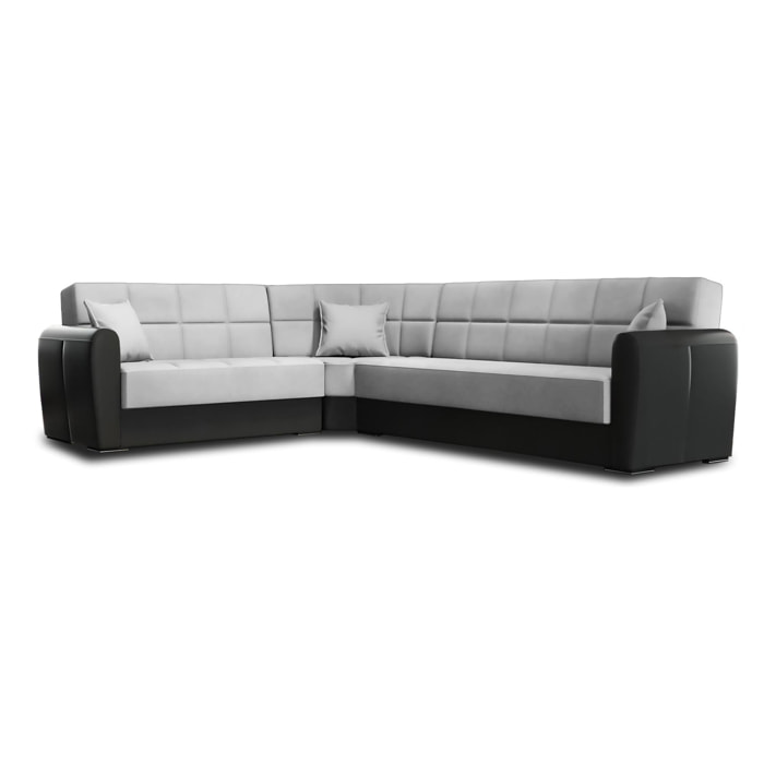 Divano letto Matias, Divano letto contenitore ad angolo in ecopelle e tessuto, Sofà da soggiorno con apertura click-clack e penisola reversibile, 305x238h91 cm, Nero e Grigio Chiaro