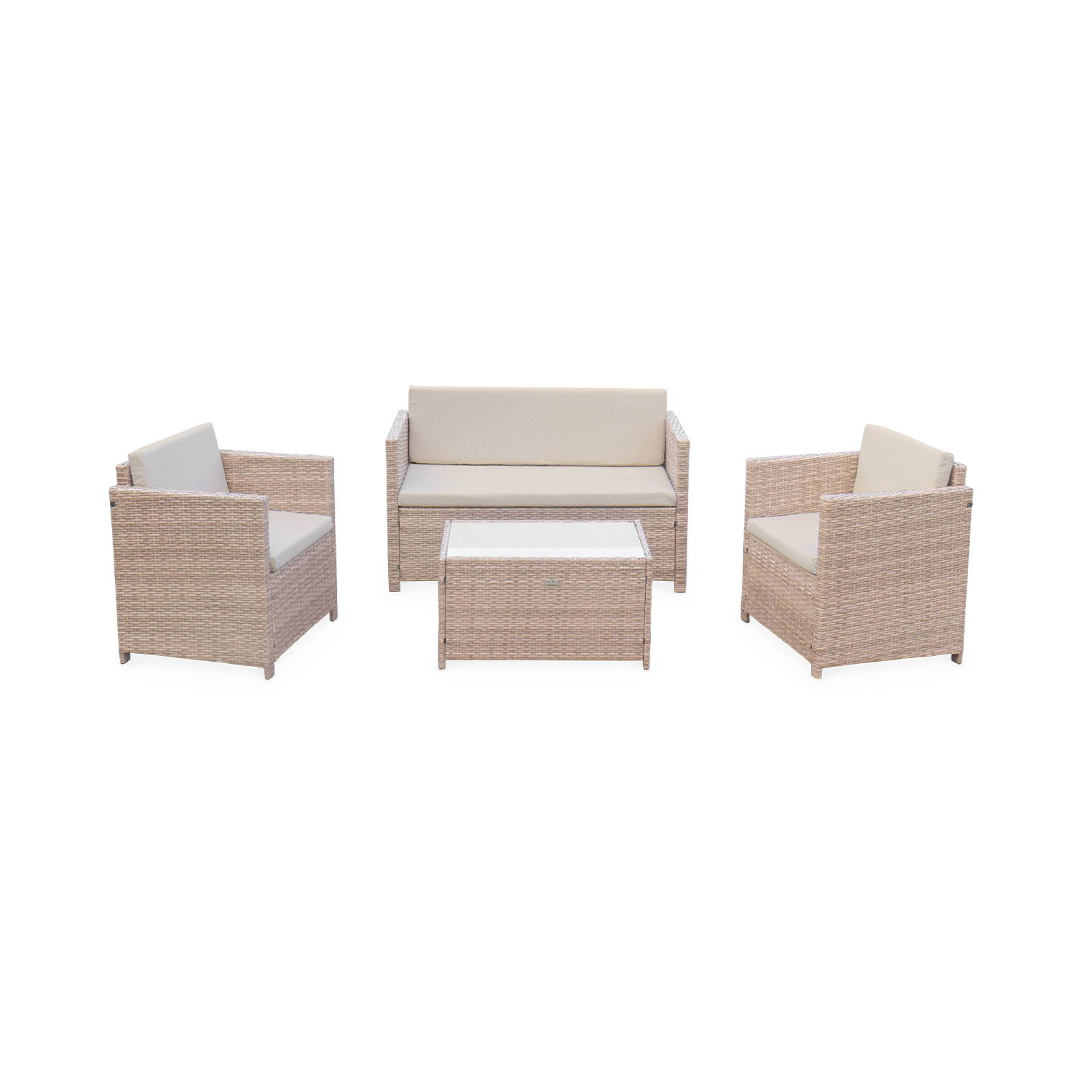 Salon de jardin en résine tressée - Perugia - Résine naturelle Coussins  beiges - 4 places - 1 canapé. 2 fauteuils. une table basse