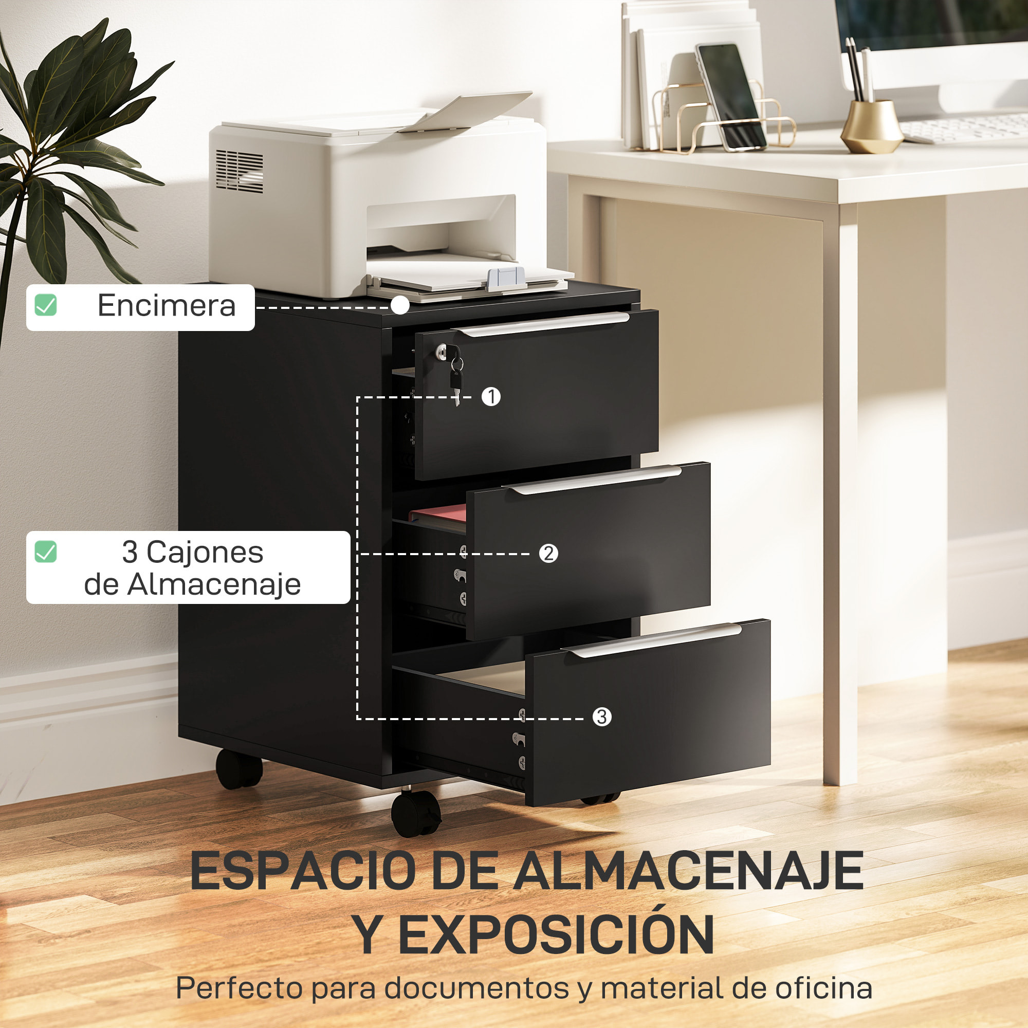 Cajonera de Escritorio con 3 Cajones, Cajonera de Oficina con Ruedas, Cerradura y 2 Llaves, Archivador Móvil para Estudio, Salón, 40x40x63,5 cm, Negro