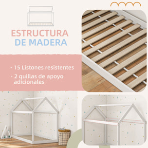 Cama Individual 90x190 cm Estructura de Cama Somier de Madera en Forma de Casa Carga 120 kg para Dormitorio Blanco