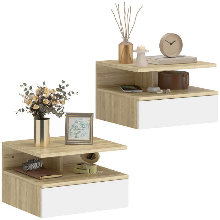 Juego de 2 Mesitas de Noche Flotantes con Cajón, Mesillas de Noche Dormitorio, Montado en la Pared, Estilo Moderno, para Sala de Estar, 35x32x22,5 cm, Roble y Blanco