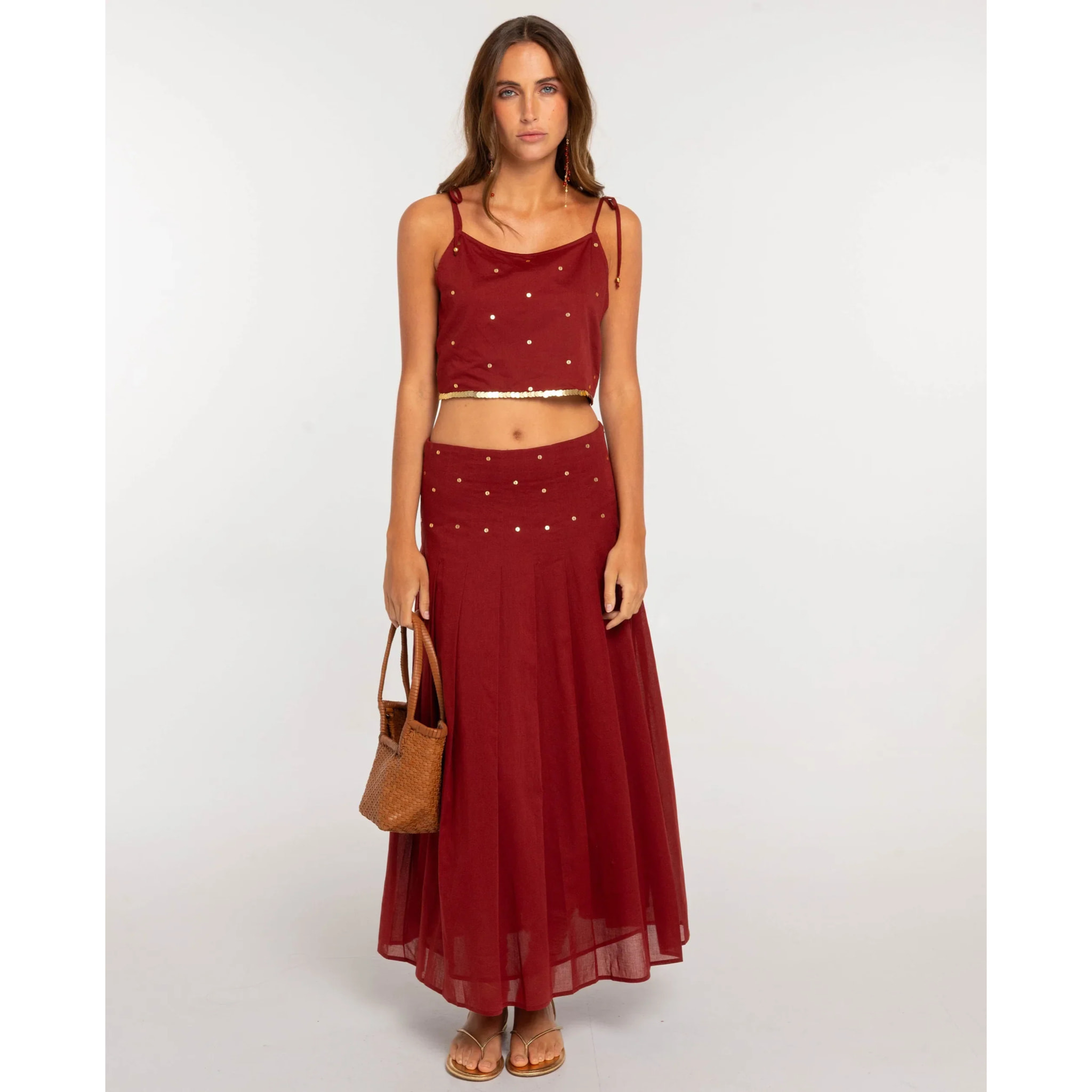 Falda midi con pliegues y lentejuelas
