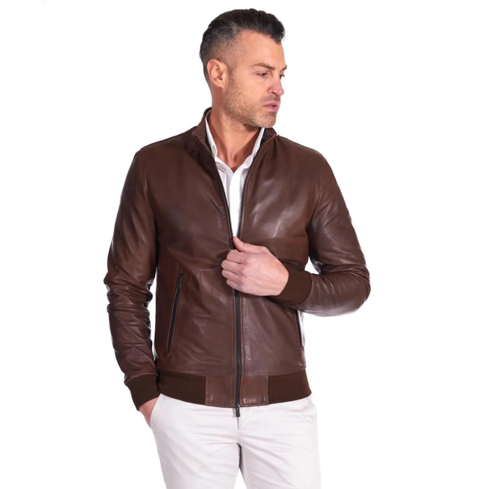 Giubbotto Bomber in pelle naturale marrone effetto vintage