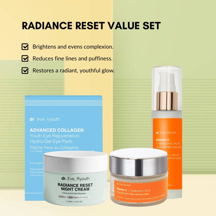 Crema de noche Radiance Reset + Parches de hidrogel para ojos + Hidratante de día Hydrabright + Sérum