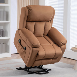 Sillón Relax Reclinable Eléctrico Levanta Personas, con Masaje Vibratorio y Calor, Sillón Elevador, con Control Remoto, Reposapiés, Tapizado en Cuero Sintético, Bolsillos, Marrón