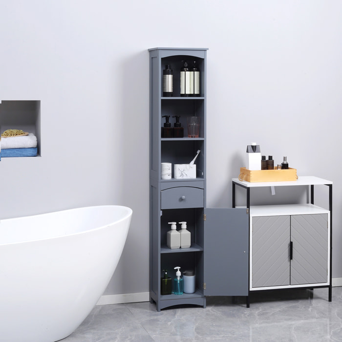 Armario Alto de Baño Estrecho con 1 Cajón y 3 Estantes Abiertos Columna de Baño Estilo Moderno para Salón Aseo Cocina 34x24x170 cm Gris