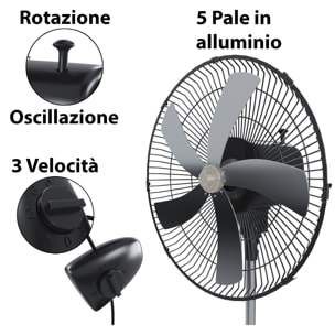 Ventilatore A Piantana Potente Da 75W Per Pavimento 5 Pale In Acciaio Da 42 Cm Silenzioso 3 Velocità Oscillante Altezza e Inclinazione Regolabili