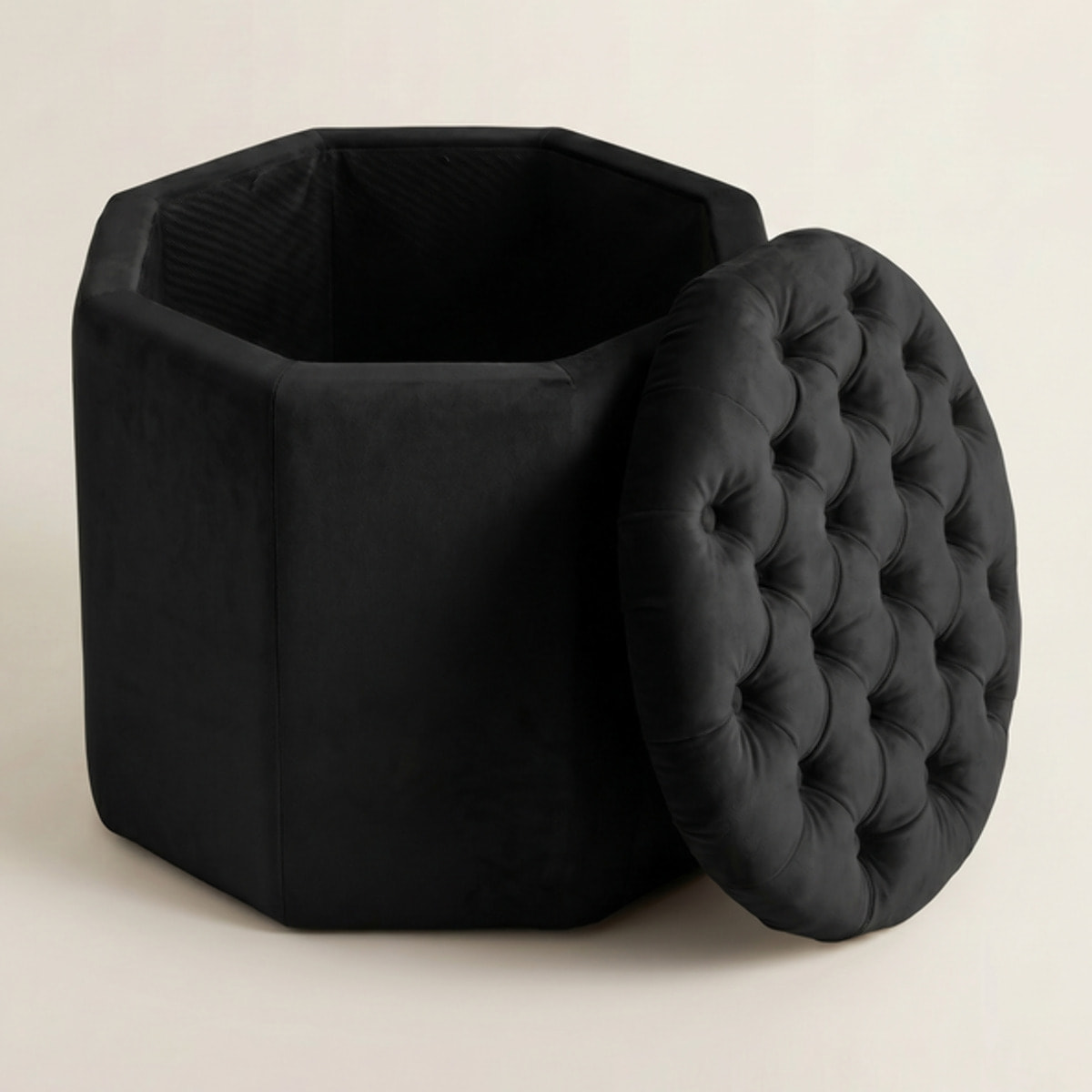 Pouf contenitore ottagonale in velluto - NERO