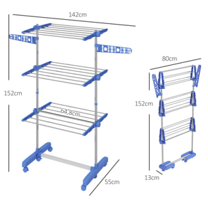 Tendedero Vertical Plegable Tendedero de Ropa con 6 Ruedas 2 Laterales Abatibles Estantes Ajustables y Marco de Acero Inoxidable para Interior y Exterior Azul