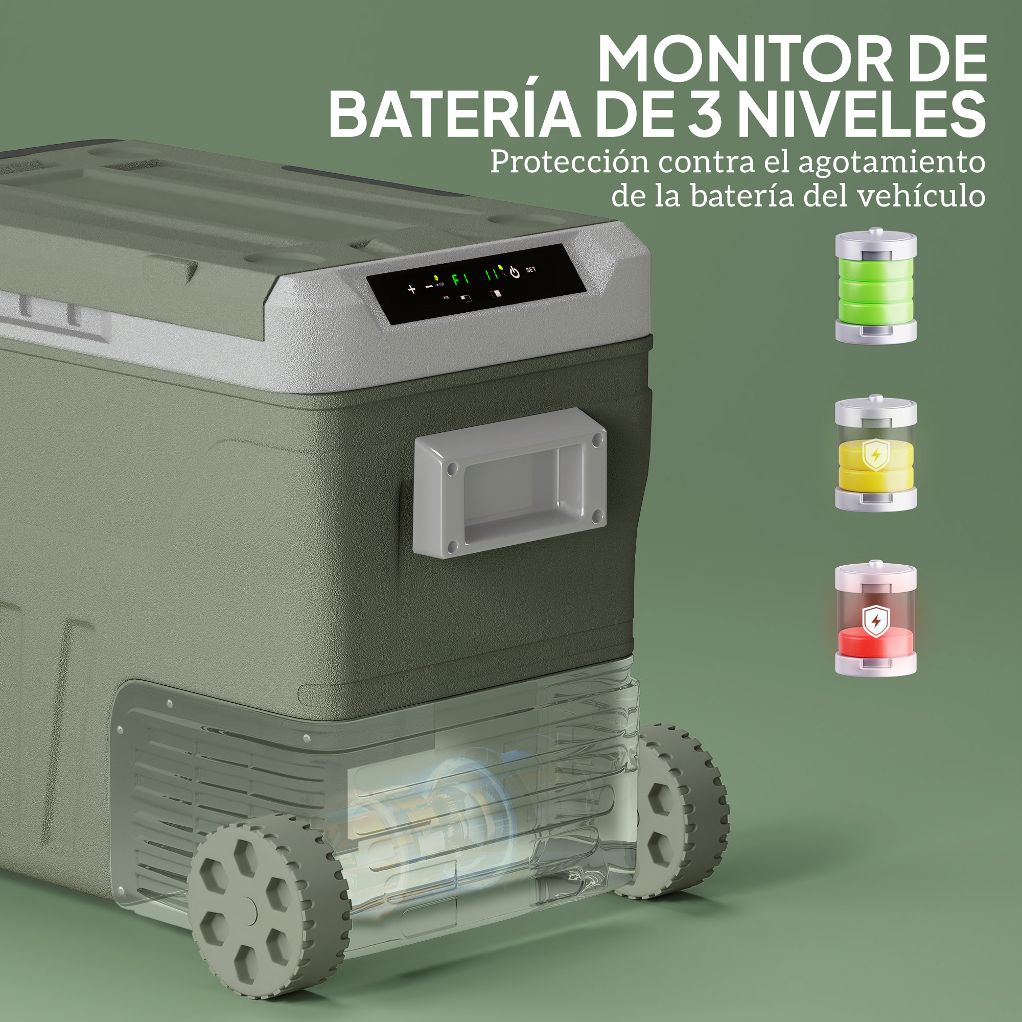 Nevera Portátil Eléctrica 45L Refrigerador de Coche -20℃ a +20 ℃ 12V/24V Mini Frigorífico con Ruedas Compresor Pantalla LED Táctil para Hogar Camping Viajes Automóvil 64,5x43,5x53 cm Verde
