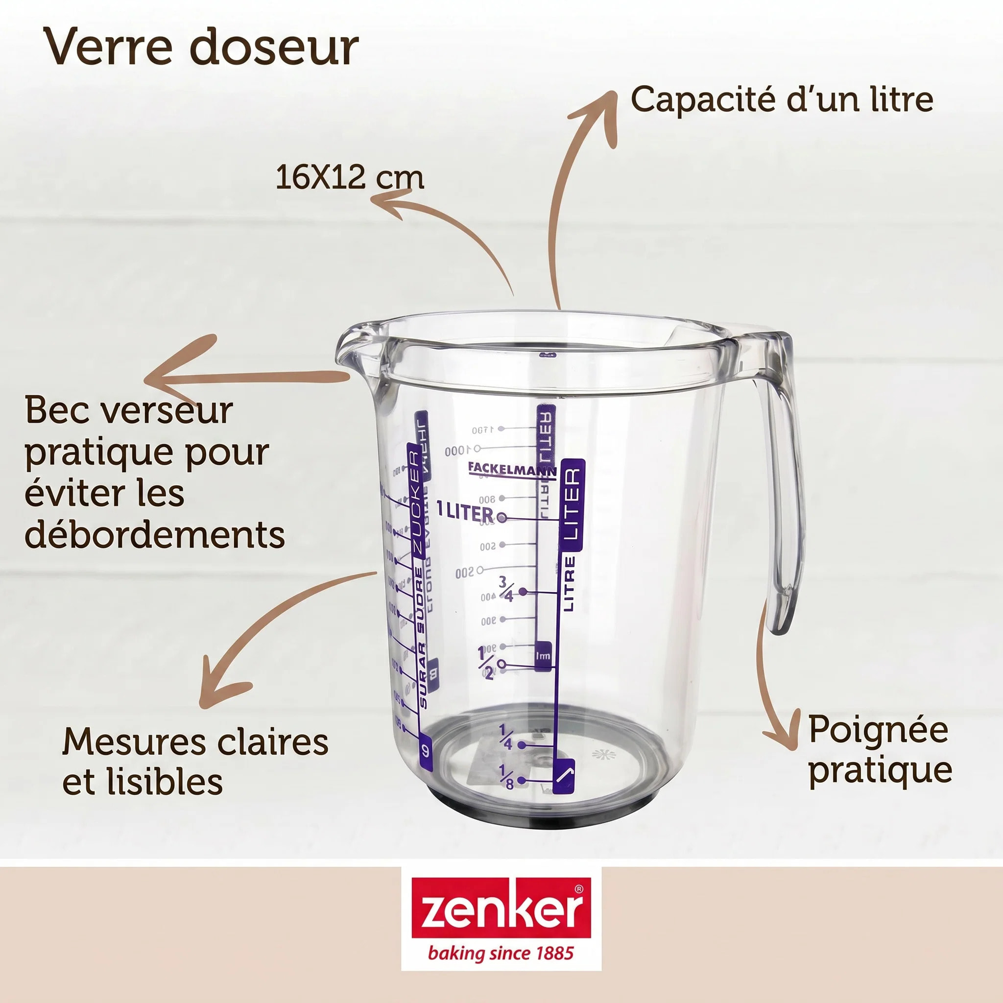 Verre doseur 1L en plastique de haute qualité Fackelmann