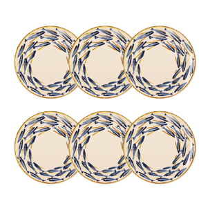 Lot de 6 assiettes plates 26cm en porcelaine à imprimé poisson MARIUS