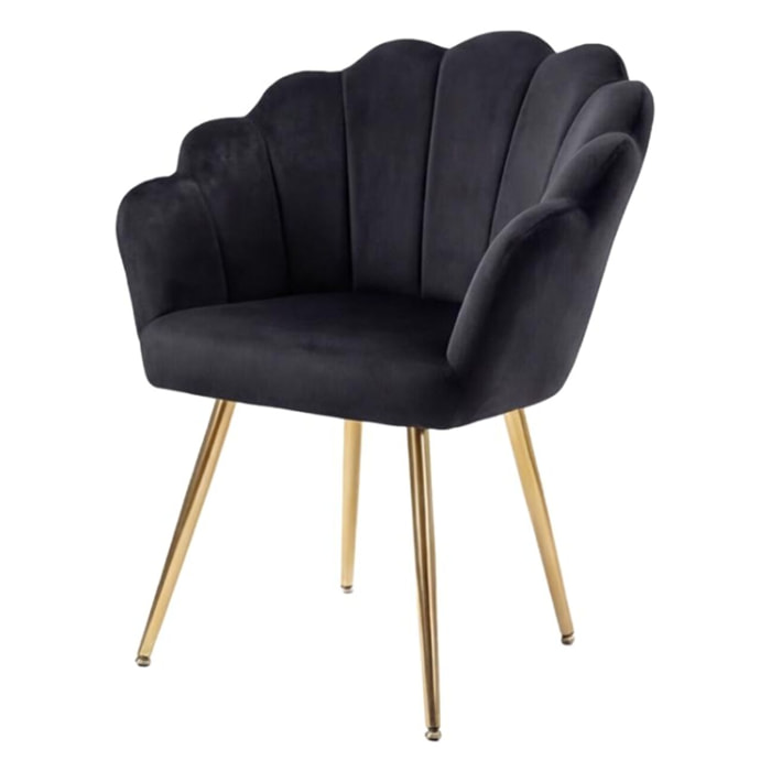 Poltrona in velluto design a conchiglia elegante e moderna, seduta imbottita confortevole con base in legno e gambe in metallo dorato, poltroncina versatile per soggiorno, camera o ufficio, stabile e resistente fino a 100 kg, stile raffinato e decorativo