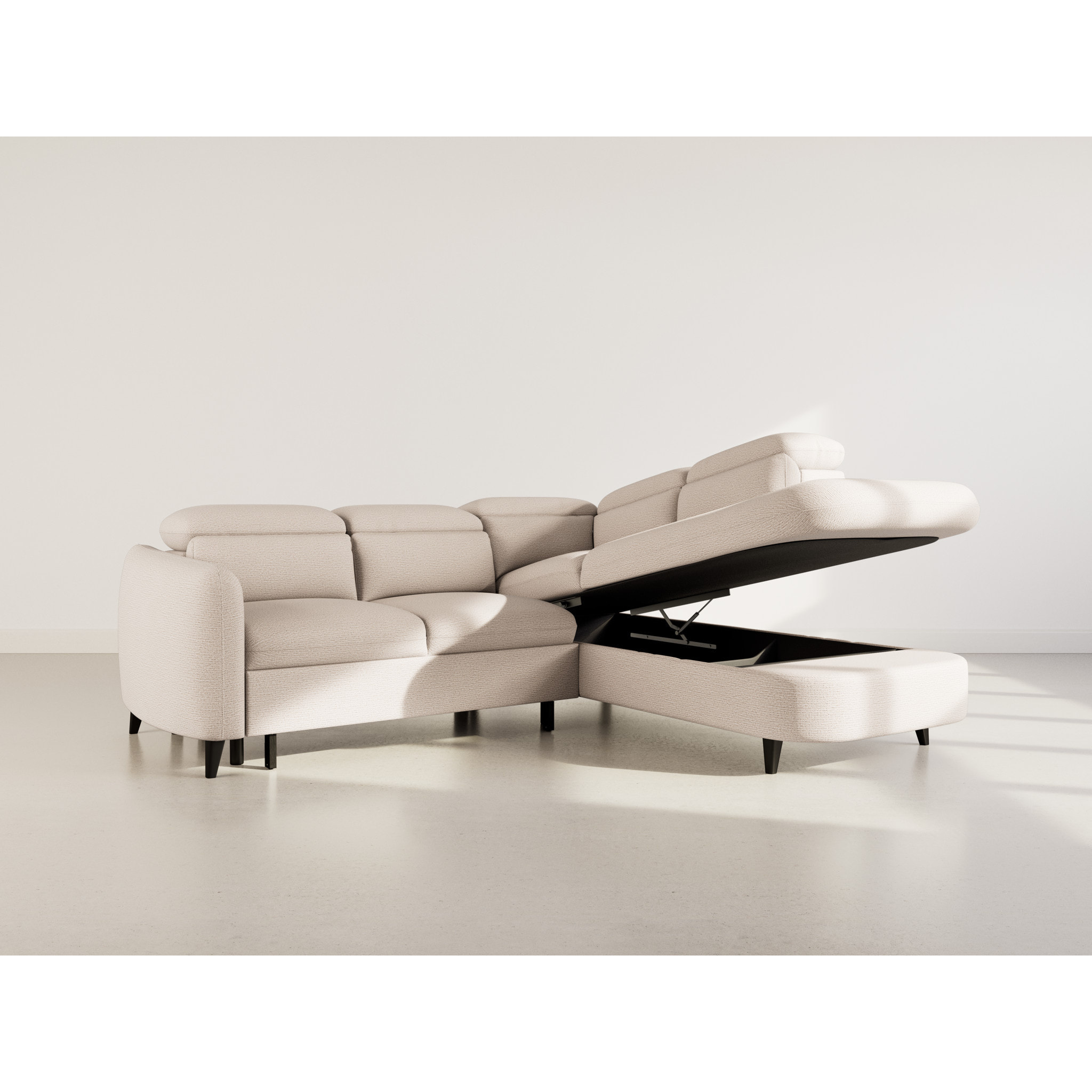 Opaline - Canapé d'angle droit 5 places convertible avec têtières et coffre en tissu texturé - Beige