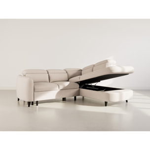 Opaline - Canapé d'angle droit 5 places convertible avec têtières et coffre en tissu texturé - Beige