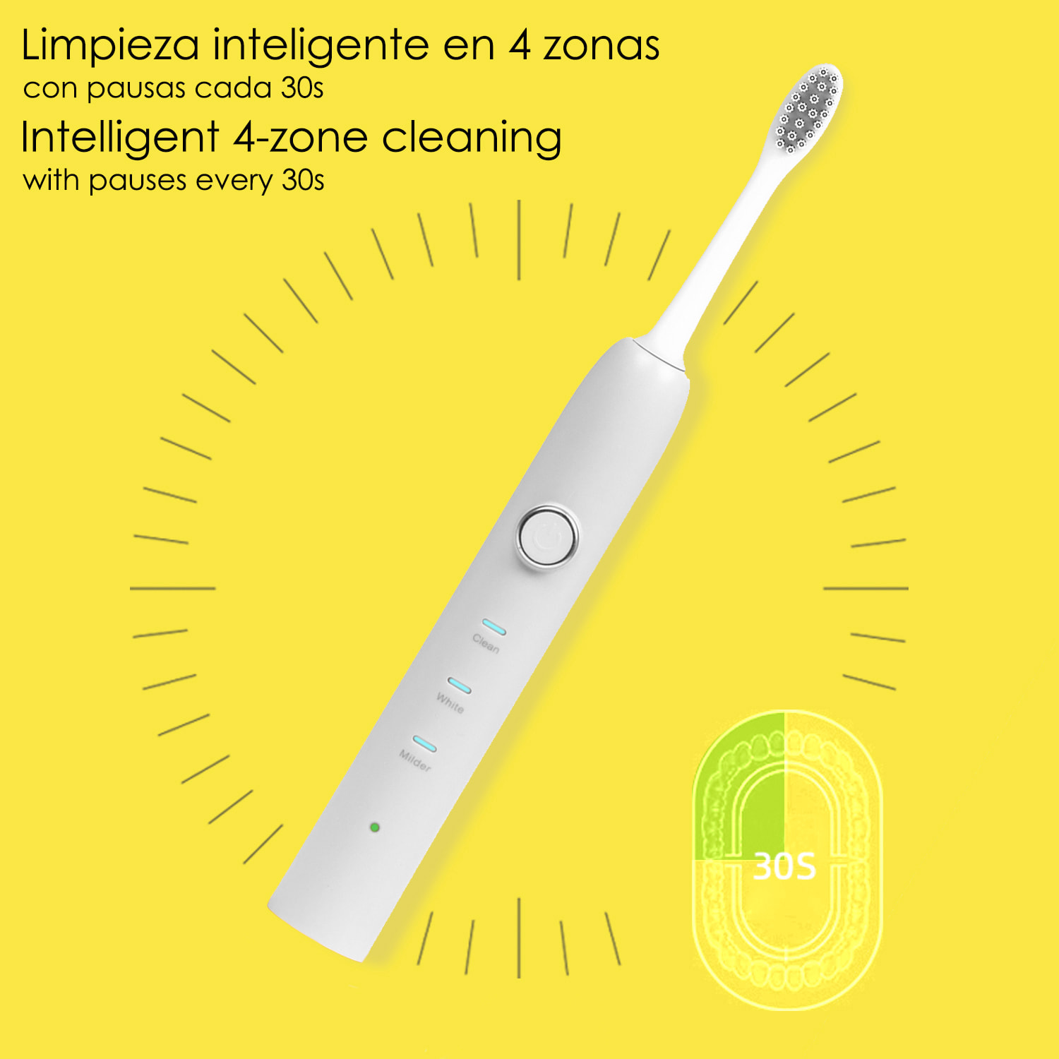 Cepillo de dientes eléctrico con batería recargable y cabezal. Carga inalámbrica inductiva.