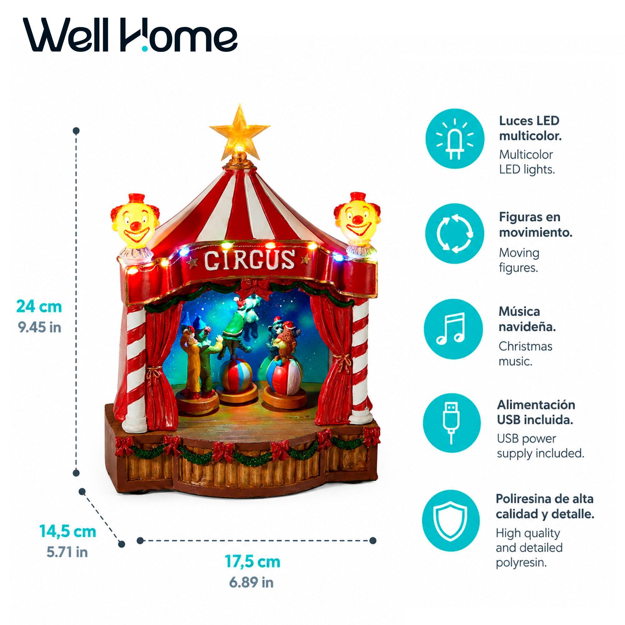 Circo navideño decorativo con led, movimiento y música, alimentación usb en poliresina 17,5x14,5x24 cm