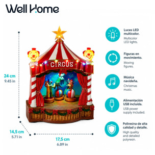Circo navideño decorativo con led, movimiento y música, alimentación usb en poliresina 17,5x14,5x24 cm