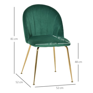 Lot de 2 chaises style art-déco dossier strié arrondi piètement métal doré incliné effilé velours vert sapin