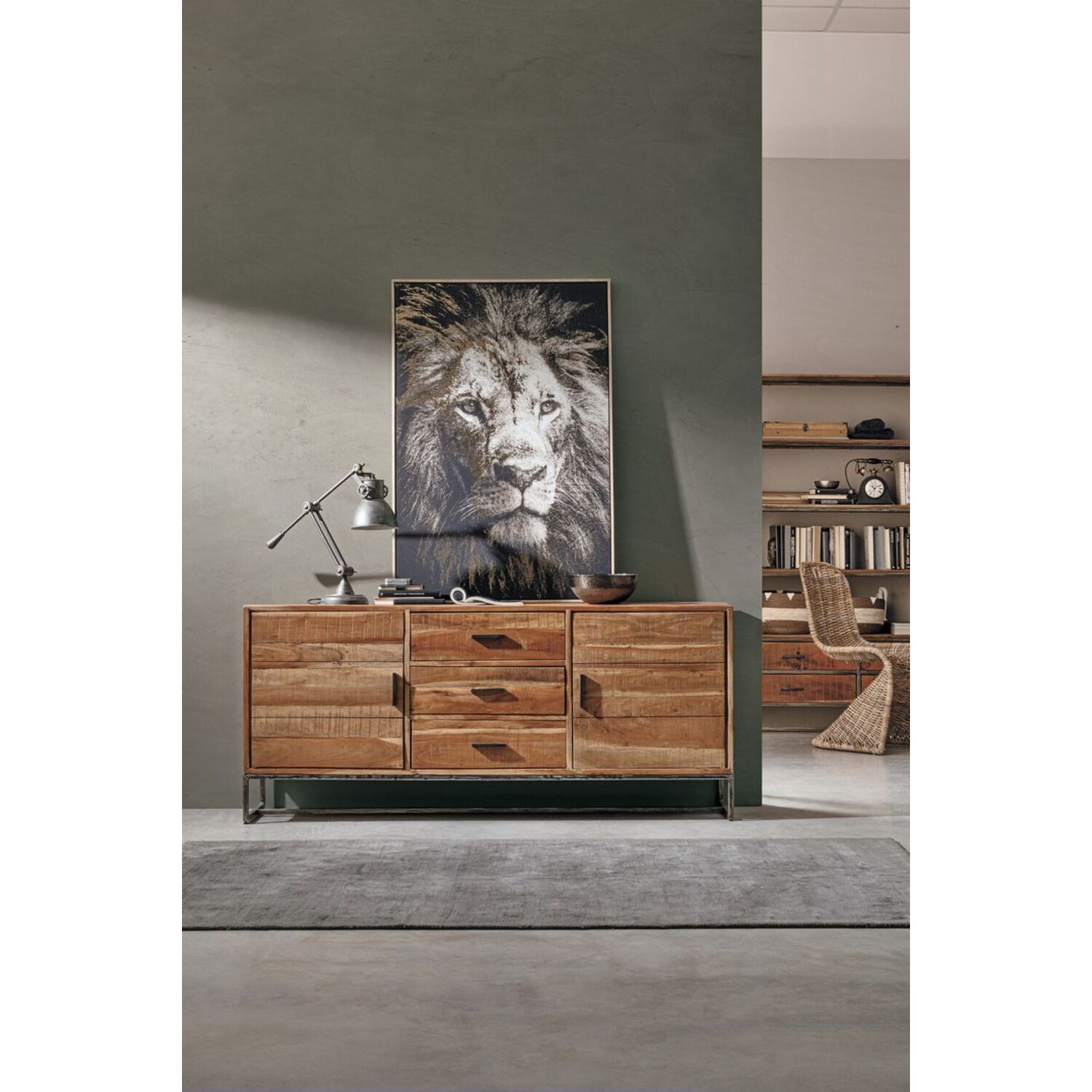 Credenza ELMER in legno di acacia e base acciaio antracite, 175x45x77 cm