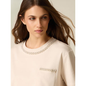 Oltre - T-shirt in cotone con cristalli - Beige