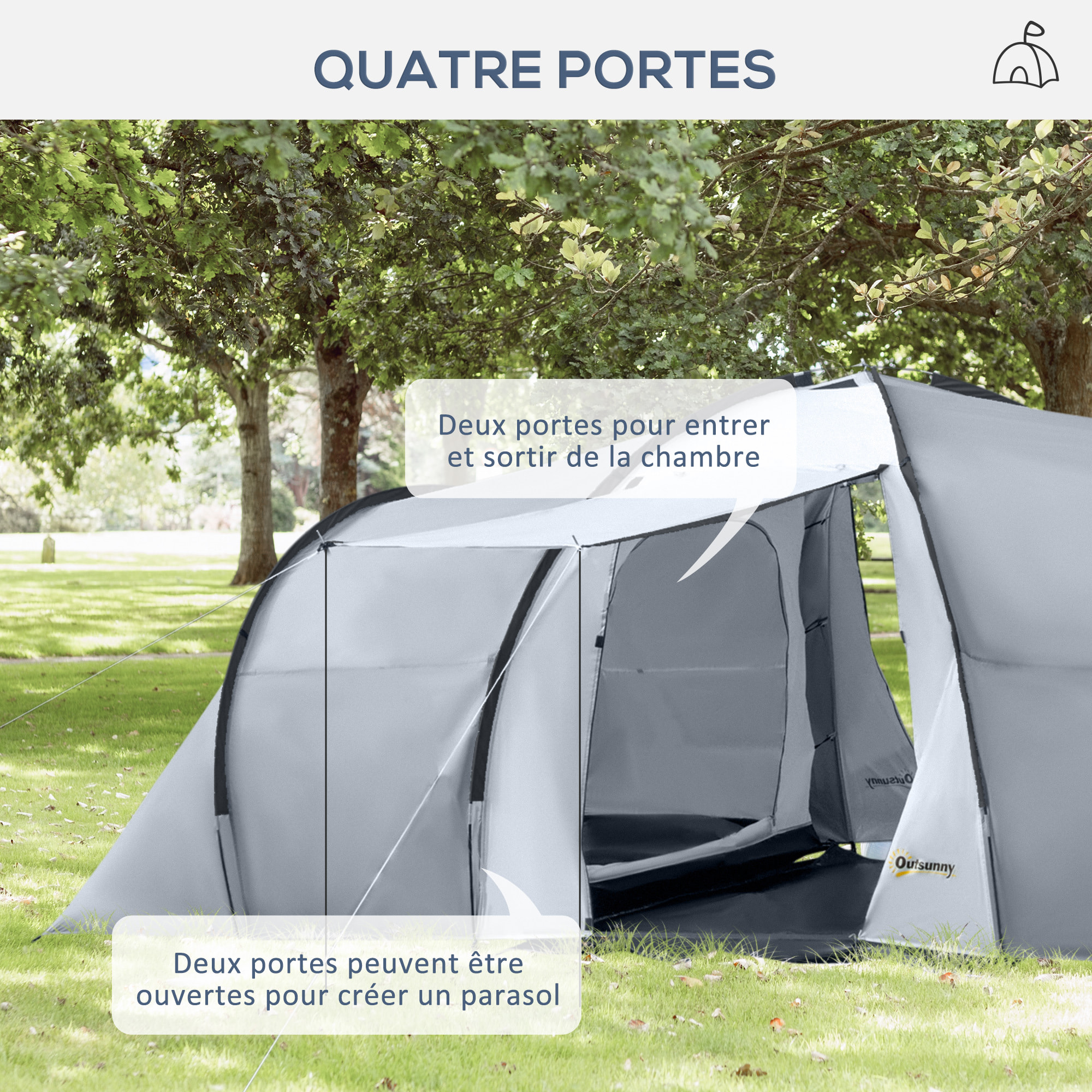 Tente de camping familiale 4-6 personnes 2 cabines 2 portes auvent 5,9L x 2,45l x 1,93H m rouge gris