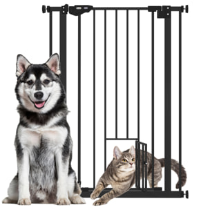 Barrera de Seguridad Perros Gatos con Puerta Pequeña 74-80x104,1 cm para Puerta Pasillo Escalera Barrera para Mascotas con Cierre Automático y Sistema de Doble Bloqueo Negro