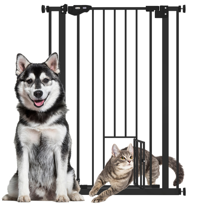 Barrera de Seguridad Perros Gatos con Puerta Pequeña 74-80x104,1 cm para Puerta Pasillo Escalera Barrera para Mascotas con Cierre Automático y Sistema de Doble Bloqueo Negro