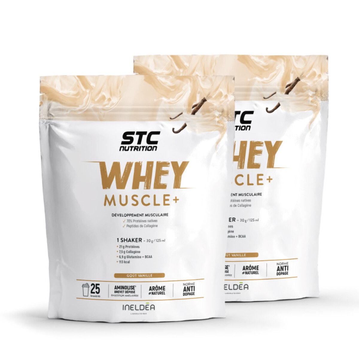 STC NUTRITION - Whey Muscle+ - Protéines Natives & Shaker - Développement Muscle Sec - Innovation Brevetée Aminolise 100% Digeste - Sans Colorants, Sans Gluten - Chocolat -  Lot de 2 Doypack 750g