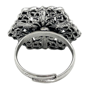 Anillo Retro cristal negro y plata envejecido chapado