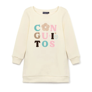 Vestido tipo sudadera de color beige con logotipo de chenilla