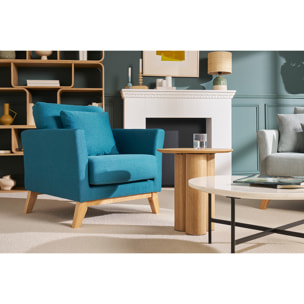 Fauteuil scandinave déhoussable en tissu bleu canard et bois clair OSLO