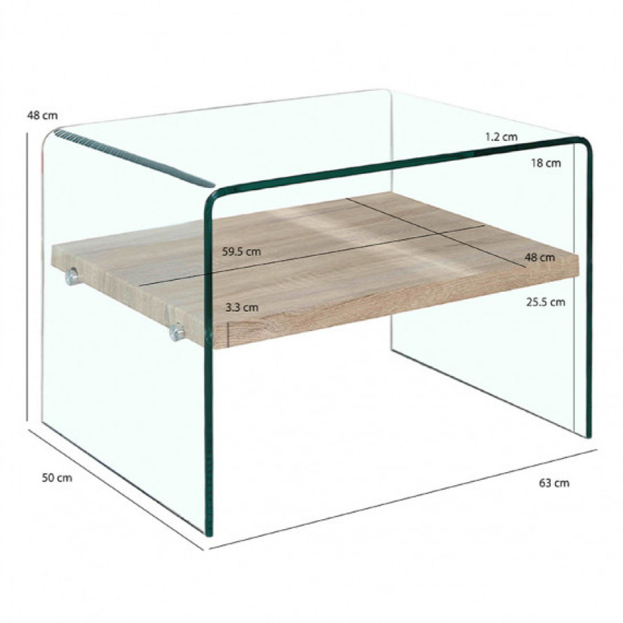 Bout de canapé en verre trempé transparent avec étagère en bois - GLASS