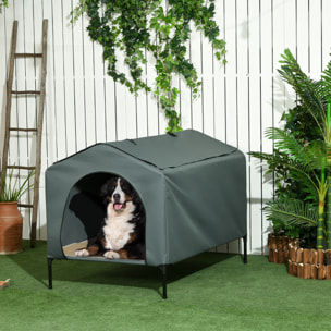 Caseta para Perros con Cubierta Exterior 130x85x95 cm Cama Elevada para Mascotas con Cojín y Ventanas de Malla Enrollable para Perros Grandes Gris