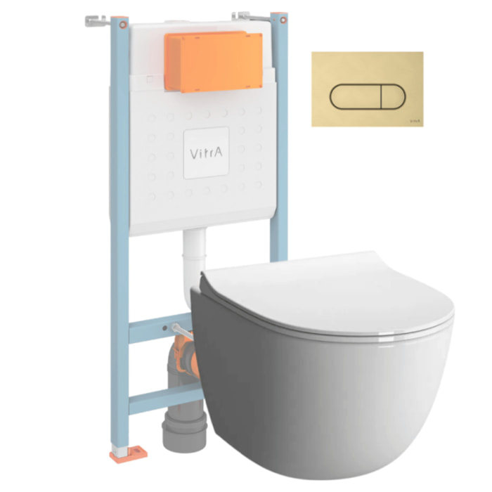 Pack WC suspendu Sento Blanc Compact  + Bâti auto-portant V-Fix Core + Plaque Round Or brossé