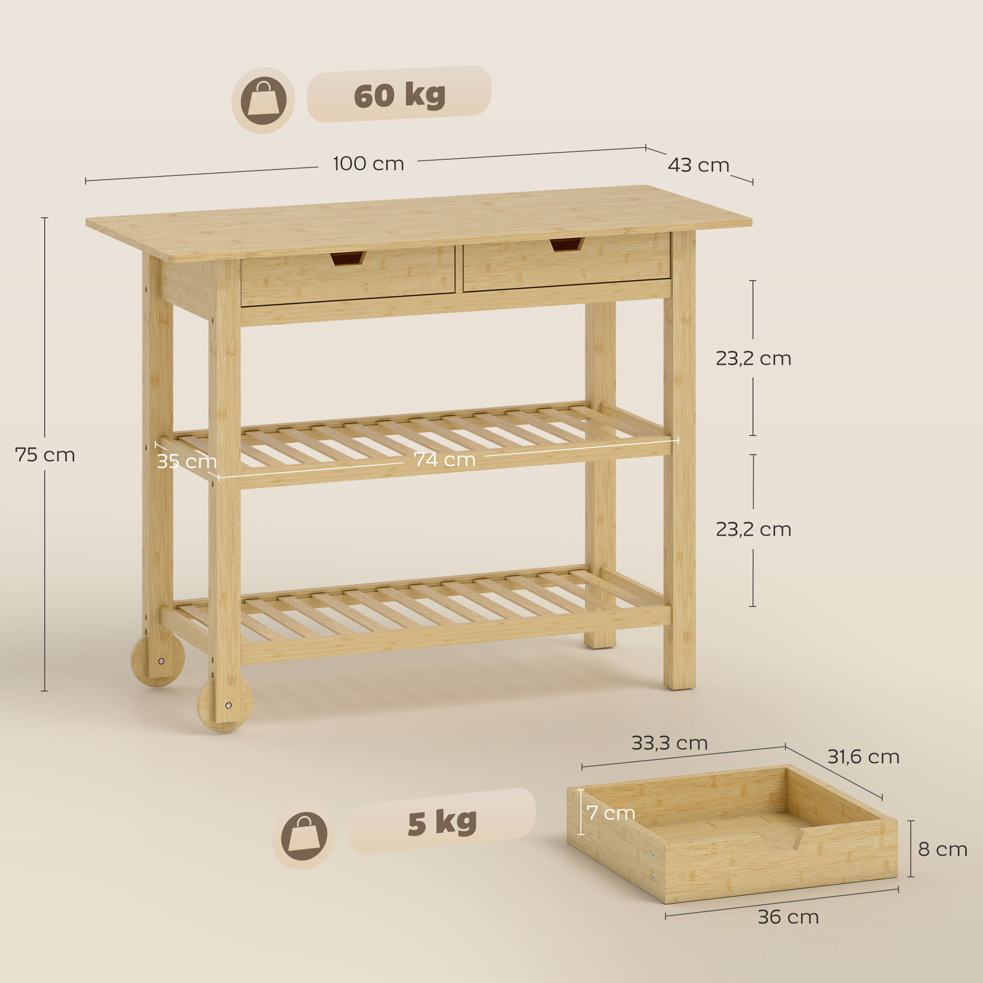 Carrito Auxiliar con Ruedas de Bambú, Carro de Servicio con 2 Cajones, 2 Estantes de Listones, 2 Ruedas, Carrito para Cocina, Restaurante, 100x43x75 cm, Natural