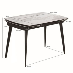 Table extensible céramique blanc marbré pieds métal noir L120/178cm - LEEDS