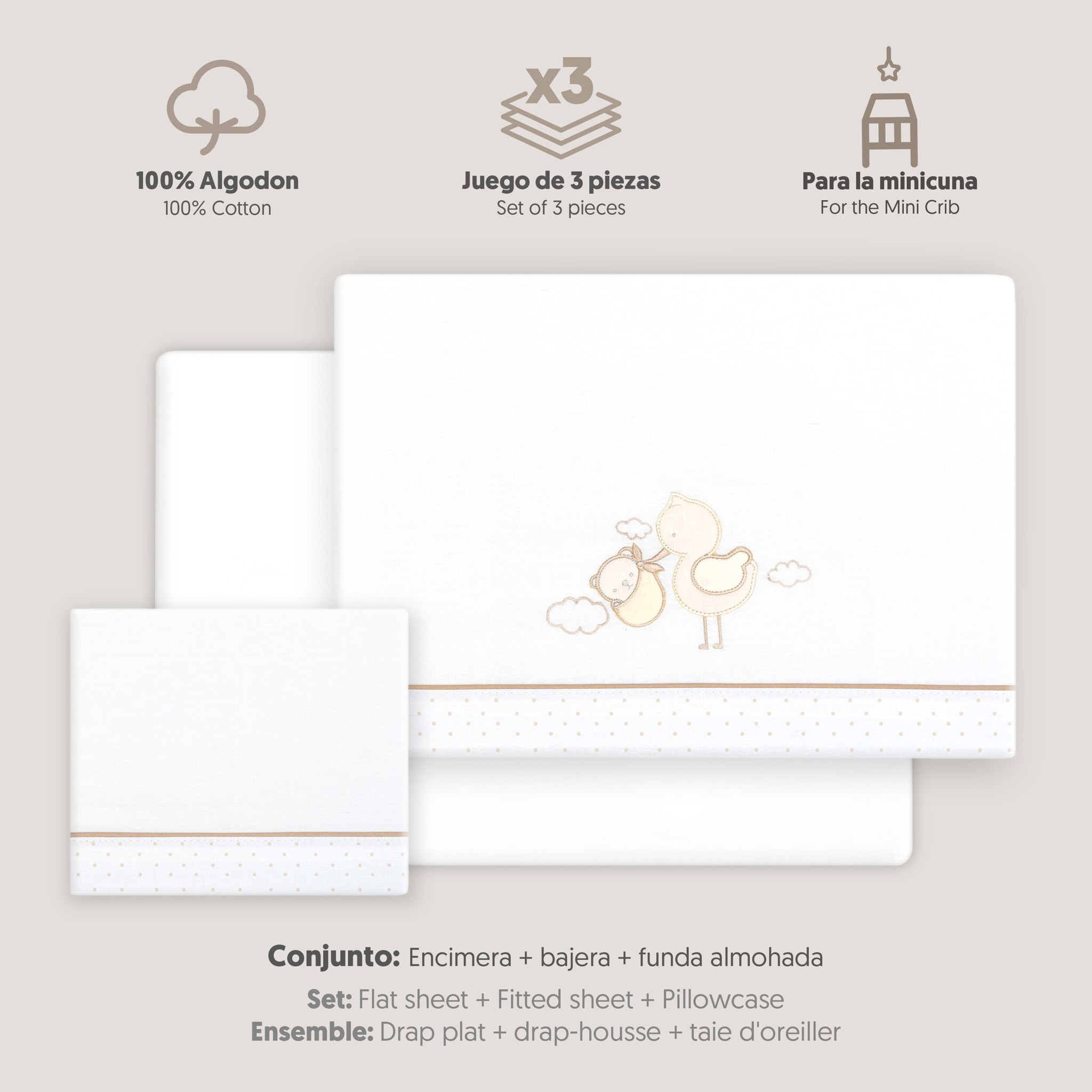 Triptico Minicuna Cigueña Oso Bco/Beig