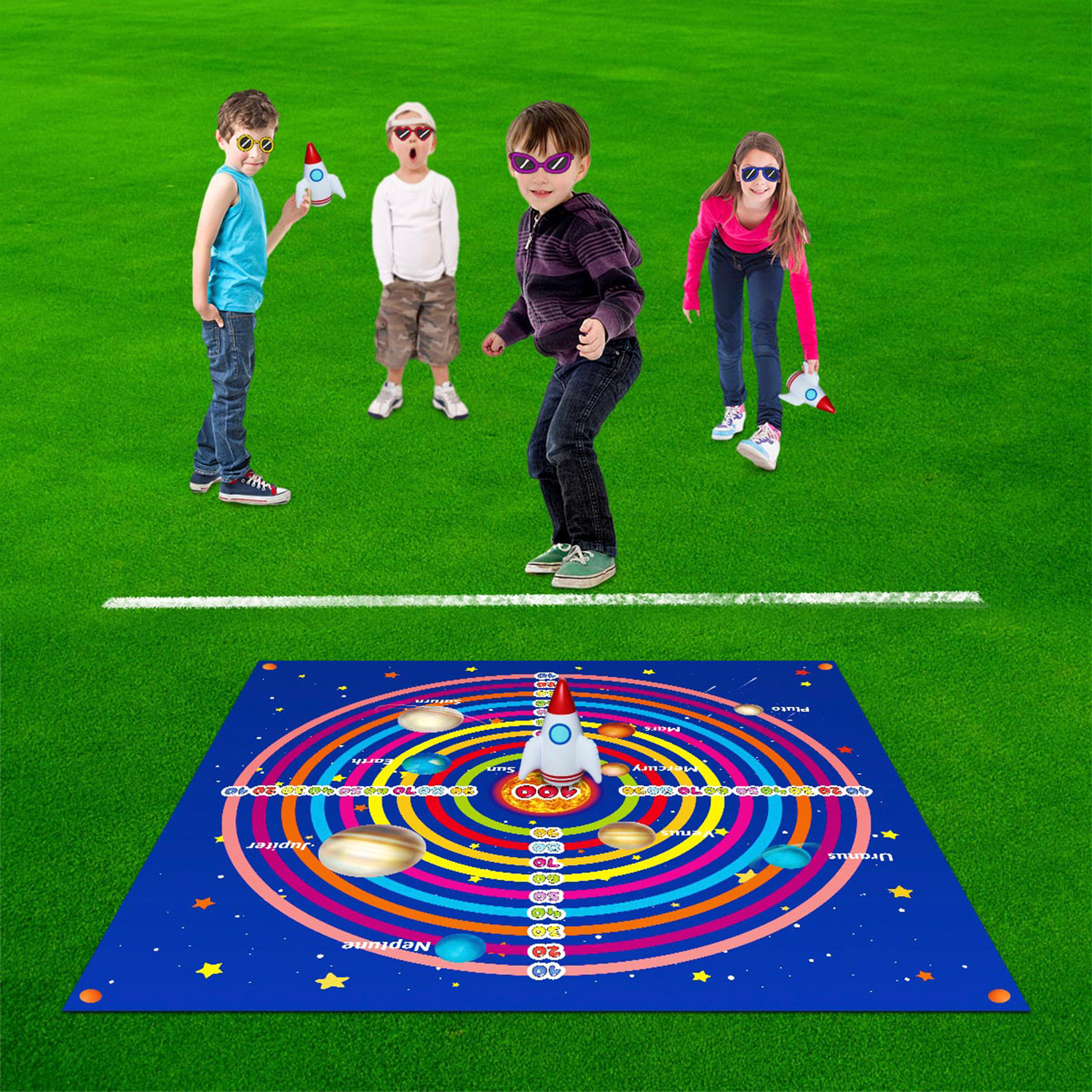 DAM Lanzamiento espacial de cohetes: juego de puntería, incluye 1 manta diana y 3 cohetes hinchables. 48x48x10 Cm. Color: Azul Oscuro
