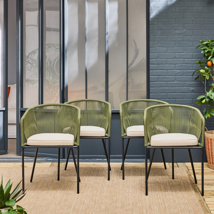 Lot de 4 fauteuils de jardin en corde kaki et acier galvanisé. coussins beige