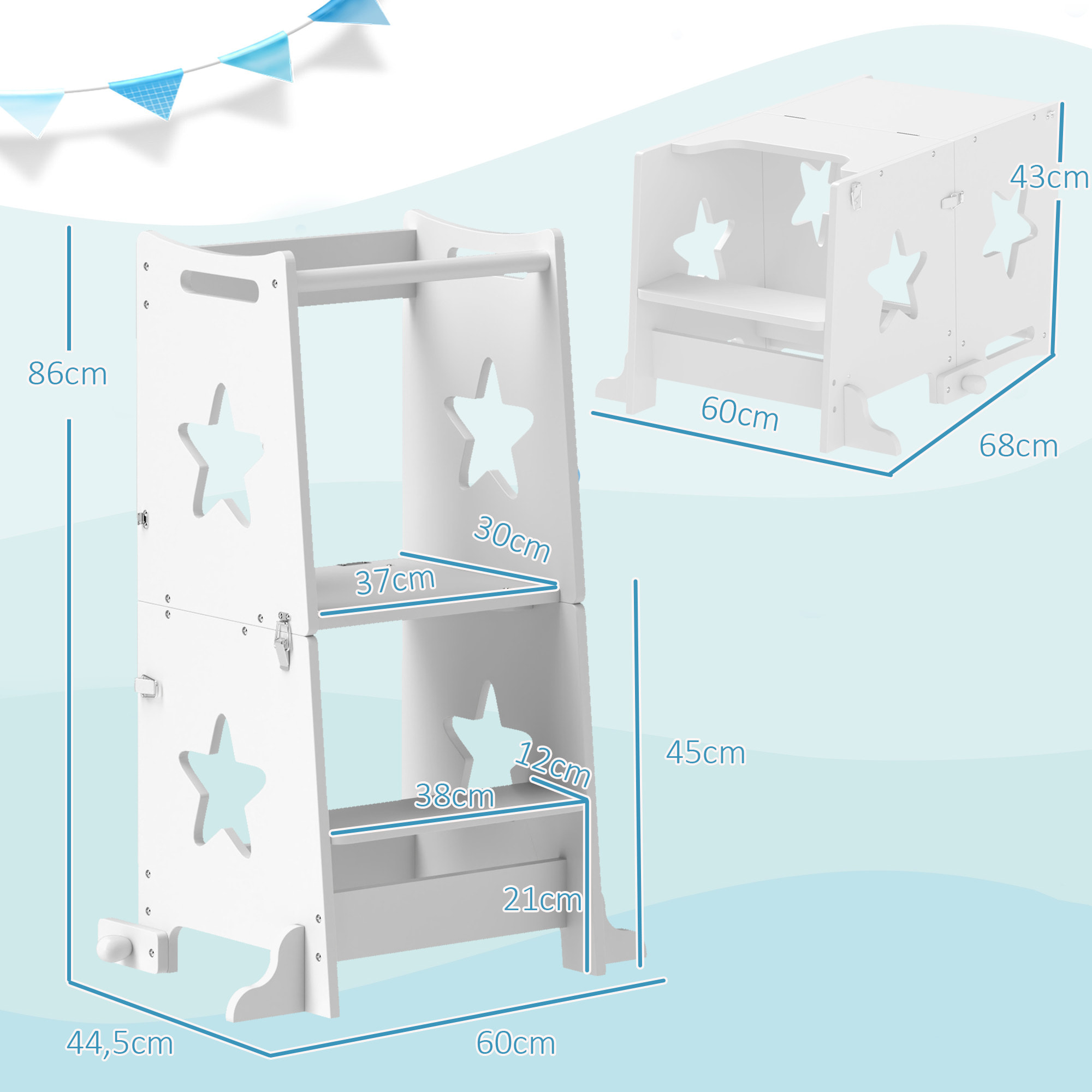 Torre de Aprendizaje 2 en 1 Taburete de Aprendizaje para Niños de +3 Años Convertible en Mesa y Silla con Barra de Seguridad 60x44,5x86 cm Blanco
