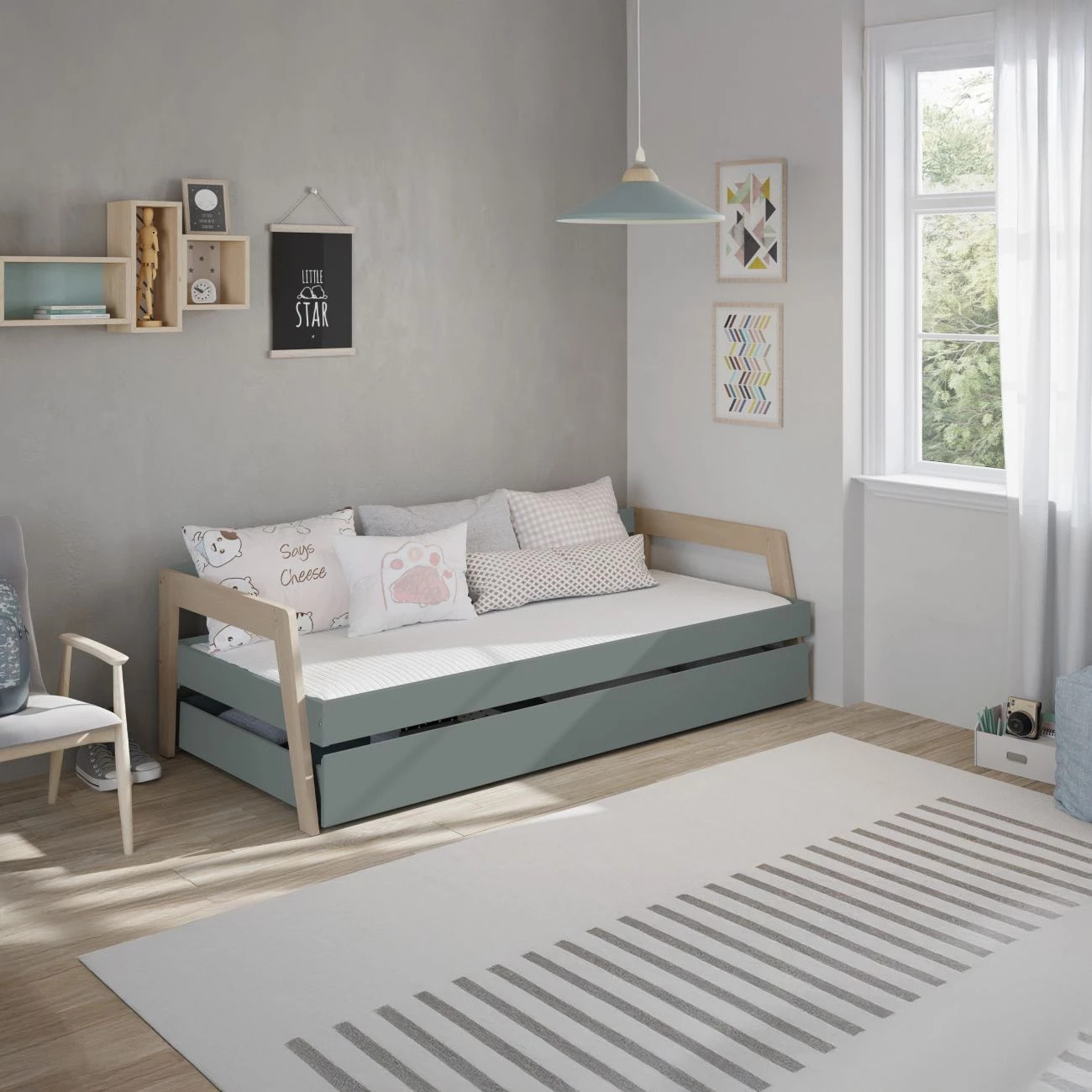Cama doble juvenil Misty Haze Verde Salvia - Oak Soft